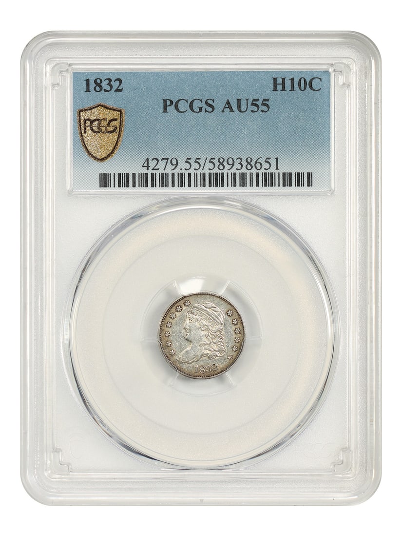 1832 Capped Bust Half Dime H10C PCGS AU55: 1832 Capped Bust Half Dime H10C PCGS AU55 1832 Capped Bust Half Dime certified by PCGS in AU55. This circulated, pre-owned coin was minted in Philadelphia. Specifications Denomination: H10C Year: 1832