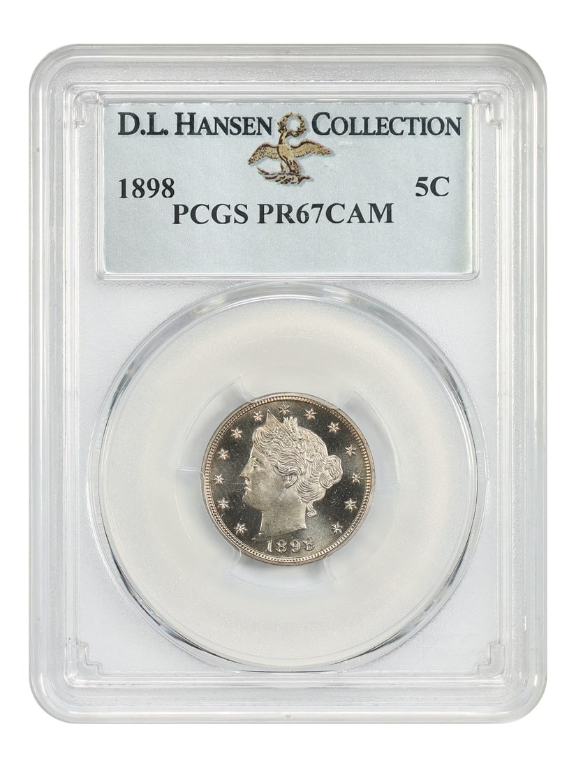 PCGS PR67CAM 1898 Liberty Nickel 5C ex D.L. Hansen: PCGS PR67CAM 1898 Liberty Nickel 5C ex D.L. Hansen 1898 Liberty Nickel certified by PCGS as PR67CAM. A low mintage proof, one of only 1,795 coins struck, with PCGS reporting just three finer at this l