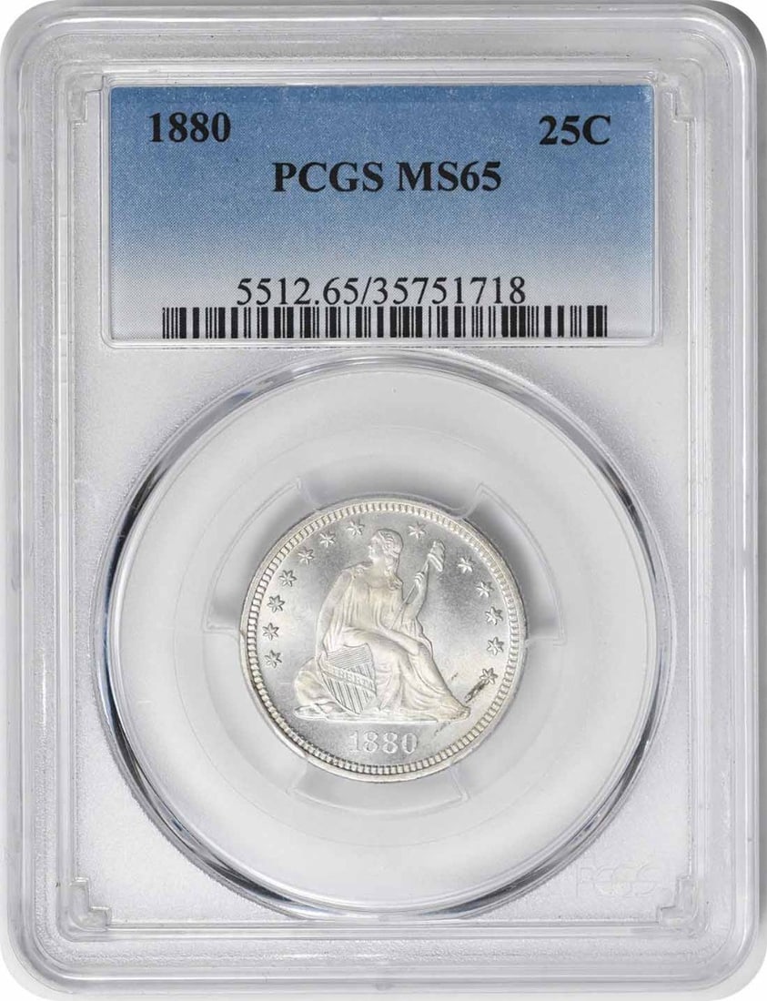 PCGS MS65 1880 Seated Liberty 25C Silver Quarter: PCGS MS65 1880 Seated Liberty 25C Silver Quarter 1880 Liberty Seated silver quarter certified by PCGS and graded MS65. This uncirculated United States 25C coin features the Seated Liberty design and i