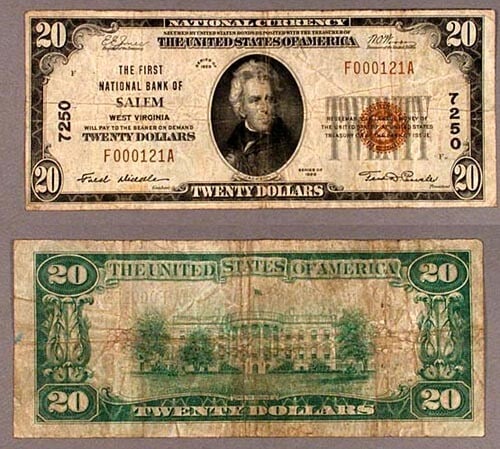 $20 Salem WV National Bank Note 1929 T-1 First NB: $20 Salem WV National Bank Note 1929 T-1 First NB This is a 1929 Type 1 $20 National Bank Note issued by the First National Bank of Salem, West Virginia (Charter #7250). The note is graded as Very Goo