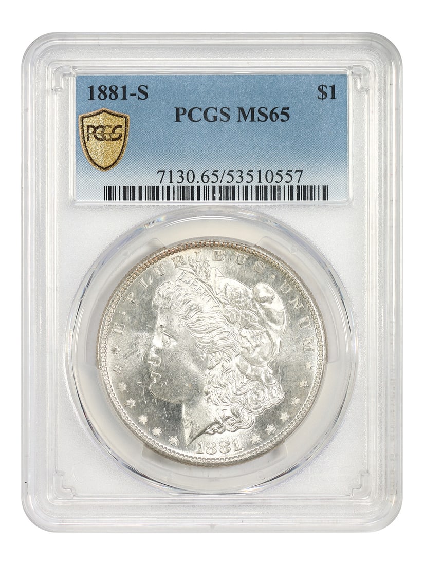 PCGS MS65 1881 S Morgan Silver Dollar 1: PCGS MS65 1881 S Morgan Silver Dollar 1 1881-S Morgan Dollar certified by PCGS in MS65 grade. This uncirculated example is a popular collector date, and the original description notes that it is unive
