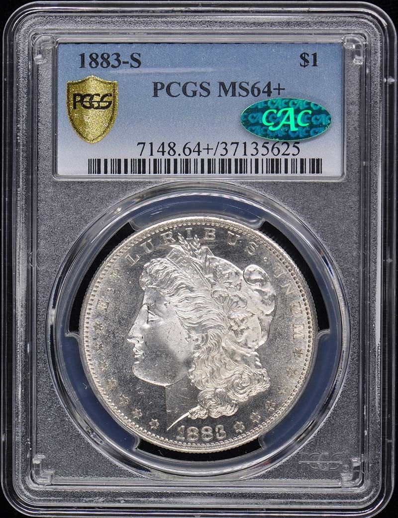 1883-S Morgan Dollar PCGS MS64+ CAC Certified Uncirculated: 1883-S Morgan Dollar PCGS MS64+ CAC Certified Uncirculated This 1883-S Morgan Dollar is graded MS64+ by PCGS, showcasing its exceptional quality and uncirculated condition. Minted in San Francisco, th