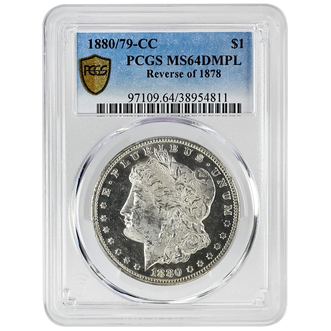 PCGS MS64PL CAC 1880 79-CC Morgan Silver Dollar Reverse of 1878: PCGS MS64PL CAC 1880 79-CC Morgan Silver Dollar Reverse of 1878 1880/79-CC Morgan Silver Dollar with the Reverse of 1878 variety. This uncirculated coin is graded MS64PL by PCGS and carries CAC approv