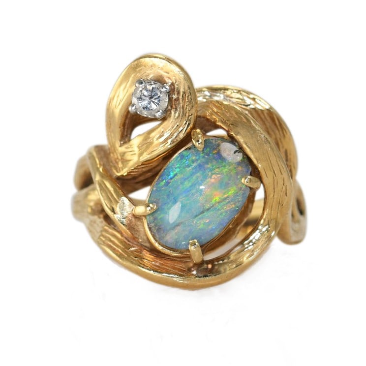 Freeform Boulder Opal and Diamond 14K Yellow Gold Ring Size 6.25: Freeform Boulder Opal and Diamond 14K Yellow Gold Ring Size 6.25 Pre-owned ladies free-form style ring featuring a natural Australian boulder opal with blue, green, and slight red play of color, accen