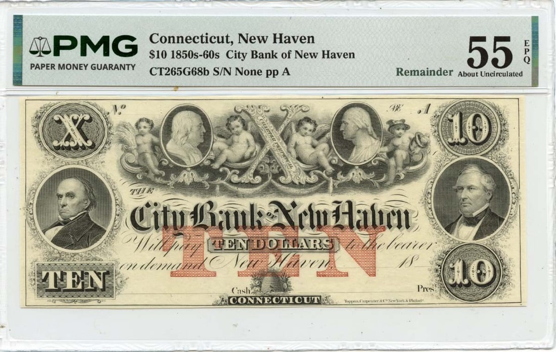 PMG AU55 City Bank $10 New Haven Connecticut Obsolete Currency 1850s-60s (1 of 2)