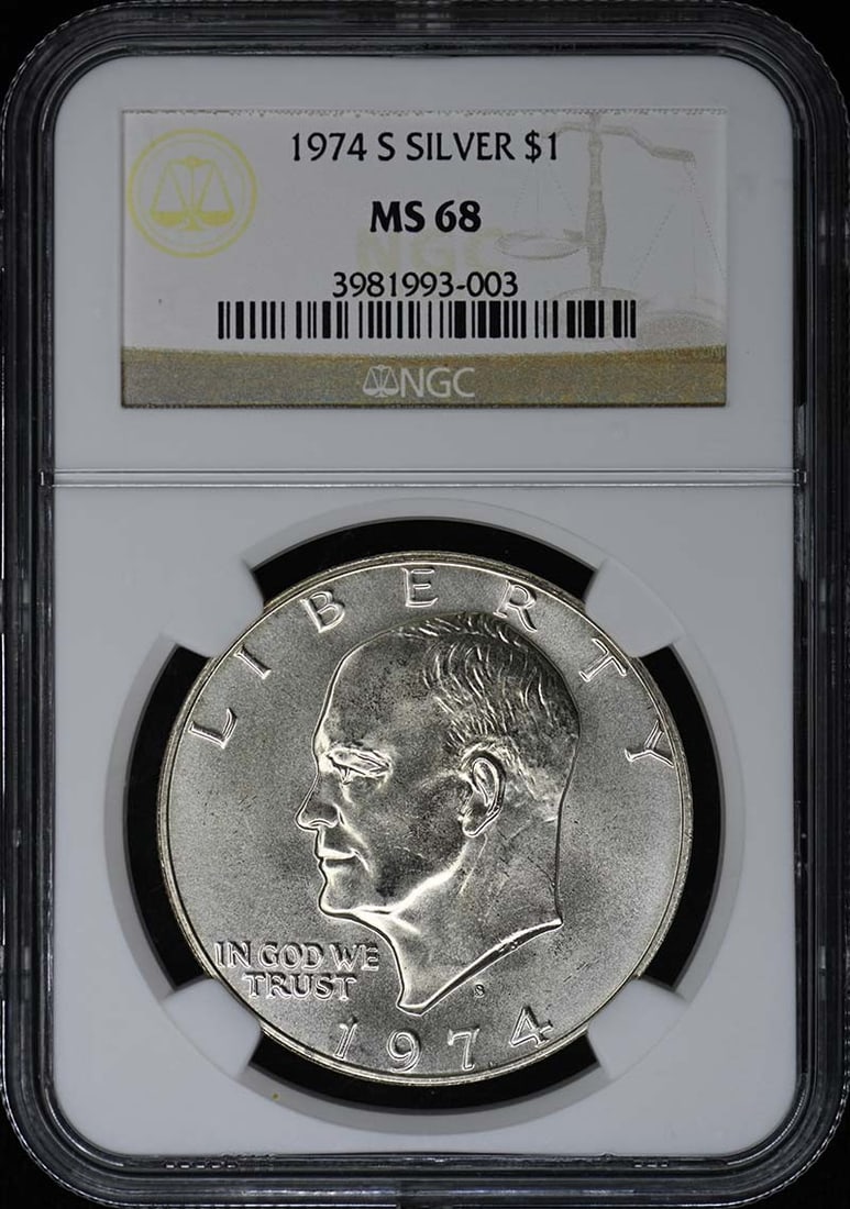 NGC MS68 1974-S Silver Ike Dollar: NGC MS68 1974-S Silver Ike Dollar This 1974-S Eisenhower Dollar is a silver coin graded MS68 by NGC. Struck in San Francisco, it is uncirculated and comes from the United States. The coin is pre-owned
