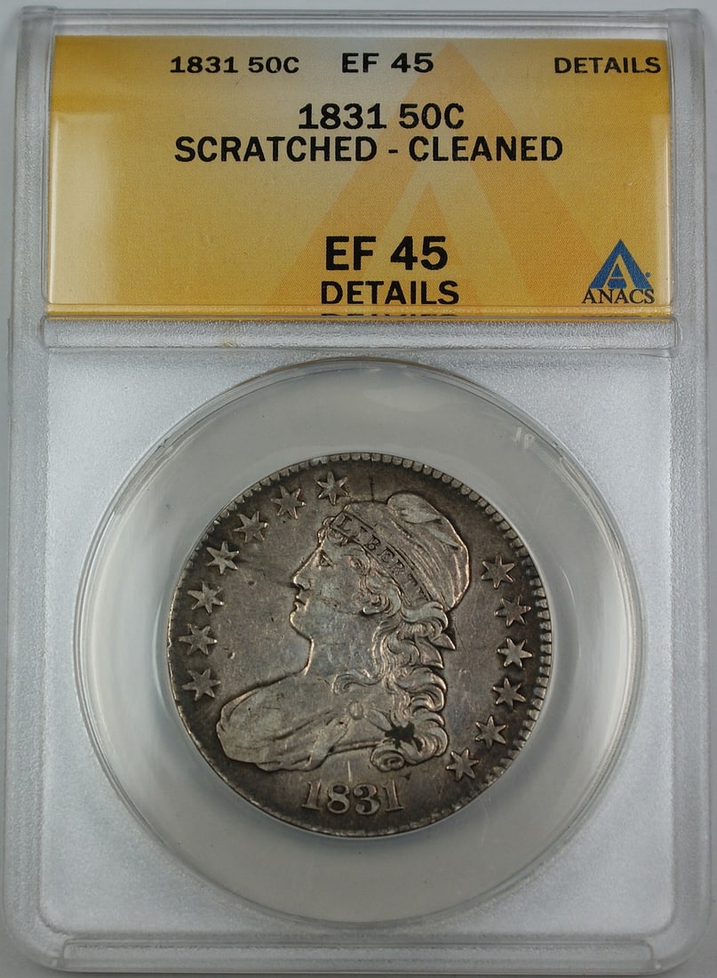 1831 Capped Bust 50C Silver Half Dollar ANACS EF-45 Scratched Cleaned: 1831 Capped Bust 50C Silver Half Dollar ANACS EF-45 Scratched Cleaned This is an 1831 Capped Bust Silver Half Dollar, certified by ANACS with a grade of EF-45 Details. The coin is noted as having scra