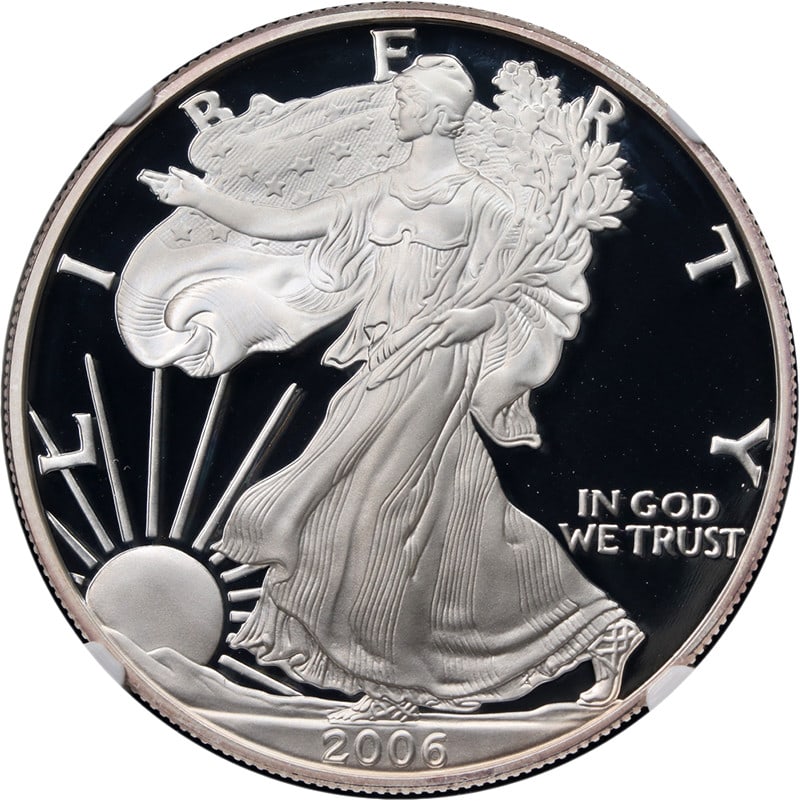 NGC PF70 Ultra Cameo 2006-W American Silver Eagle Dollar: NGC PF70 Ultra Cameo 2006-W American Silver Eagle Dollar Original 2006-W Silver American Eagle $1 certified by NGC as PF70 Ultra Cameo. This uncirculated coin features the 20th Anniversary Label and i