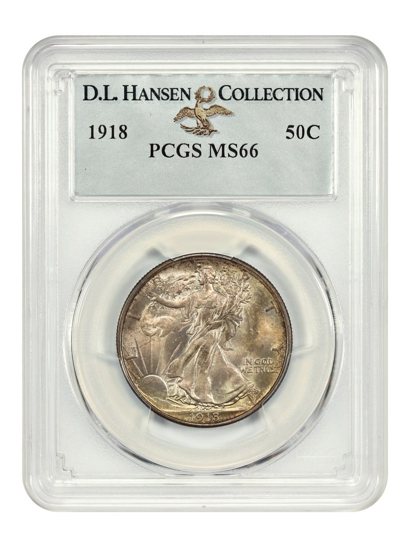 PCGS MS66 1918 Walking Liberty Half Dollar 50C ex D.L. Hansen: PCGS MS66 1918 Walking Liberty Half Dollar 50C ex D.L. Hansen 1918 Walking Liberty Half Dollar certified by PCGS as MS66, ex: D.L. Hansen. Only three have been graded finer, all PCGS MS66+. This uncir