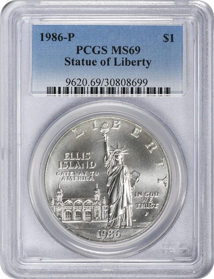 PCGS MS69 1986-P US Silver Commemorative Liberty Dollar: PCGS MS69 1986-P US Silver Commemorative Liberty Dollar 1986-P Statue of Liberty silver commemorative dollar graded MS69 by PCGS. This uncirculated coin is a United States commemorative issue with den