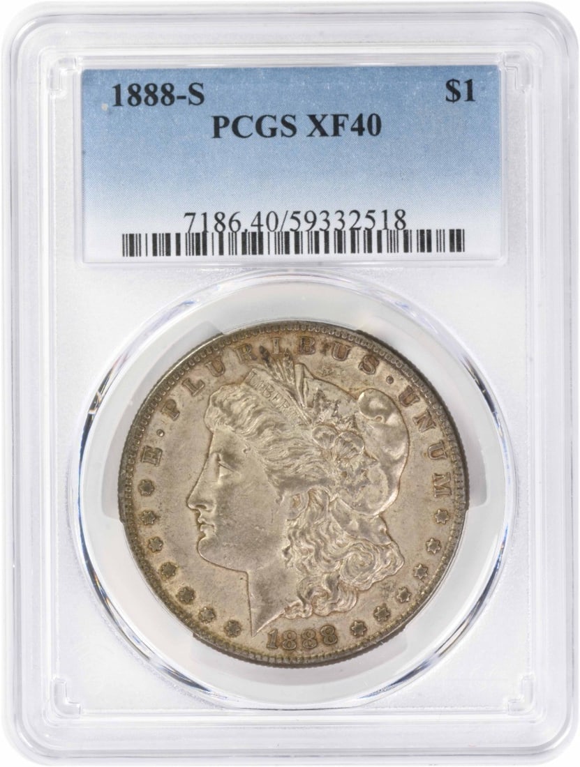 PCGS EF40 1888-S Morgan Silver Dollar $1 Coin: PCGS EF40 1888-S Morgan Silver Dollar $1 Coin An 1888-S Morgan Silver Dollar certified by PCGS and graded EF40. This circulated United States coin is composed of silver and has a denomination of $1. T