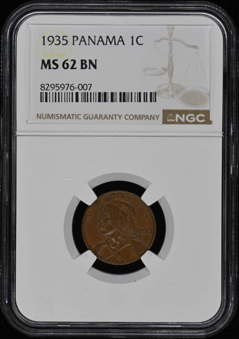 1935 Panama 1C Centesimo NGC MS62BN Uncirculated Coin: 1935 Panama 1C Centesimo NGC MS62BN Uncirculated Coin This 1935 Panama Centesimo coin is graded as MS62 by NGC, indicating it is in uncirculated condition with excellent details. The certification num
