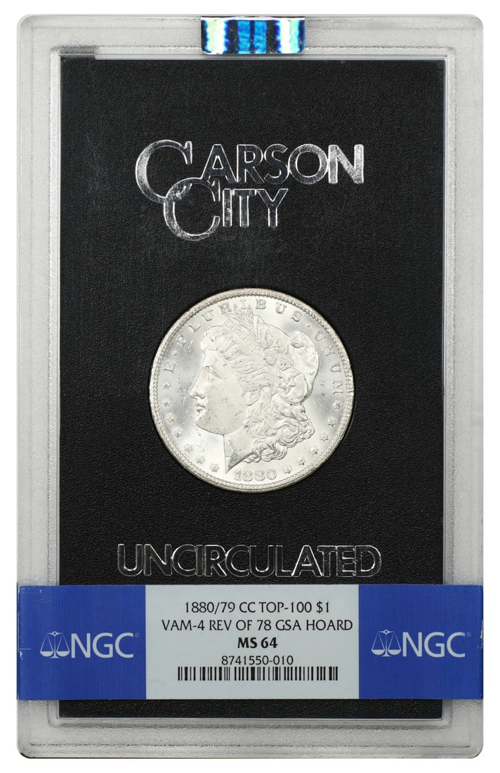 1880 Carson City Morgan Dollar NGC MS64 GSA VAM-4 Reverse of 1878: 1880 Carson City Morgan Dollar NGC MS64 GSA VAM-4 Reverse of 1878 1880 Carson City Morgan Dollar in uncirculated condition, certified by NGC as MS64. This example is the 1880/79-CC VAM-4 variety with 