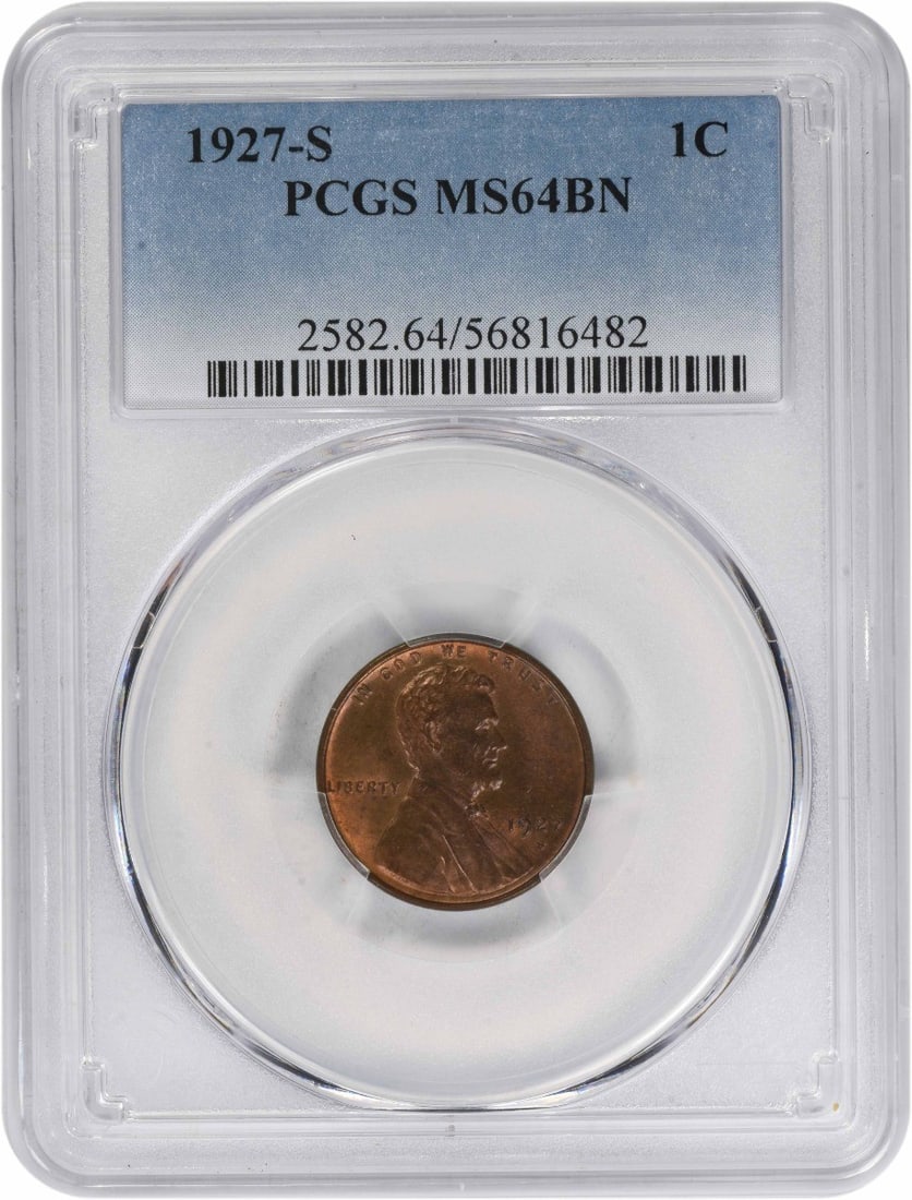 PCGS MS64BN 1927-S Lincoln Wheat Cent Copper Uncirculated US Coin: PCGS MS64BN 1927-S Lincoln Wheat Cent Copper Uncirculated US Coin This 1927-S Lincoln Wheat Cent is graded MS64BN by PCGS and features a brown copper composition. Struck at the San Francisco Mint, thi
