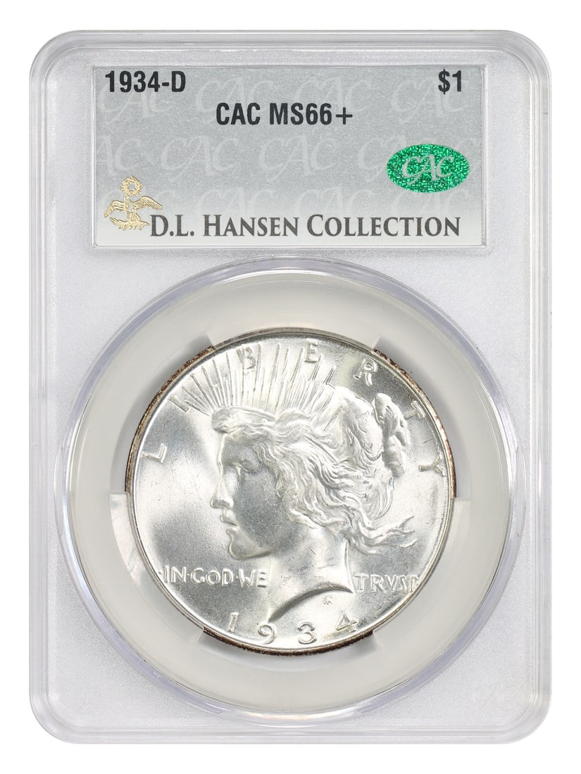 1934 D Peace Dollar $1 CACG MS66+ ex D.L. Hansen Linda Gail JDC: 1934 D Peace Dollar $1 CACG MS66+ ex D.L. Hansen Linda Gail JDC 1934-D Peace Dollar certified by CACG in MS66+ grade. This uncirculated example is noted as ex: D.L. Hansen/Linda Gail/JDC and features 