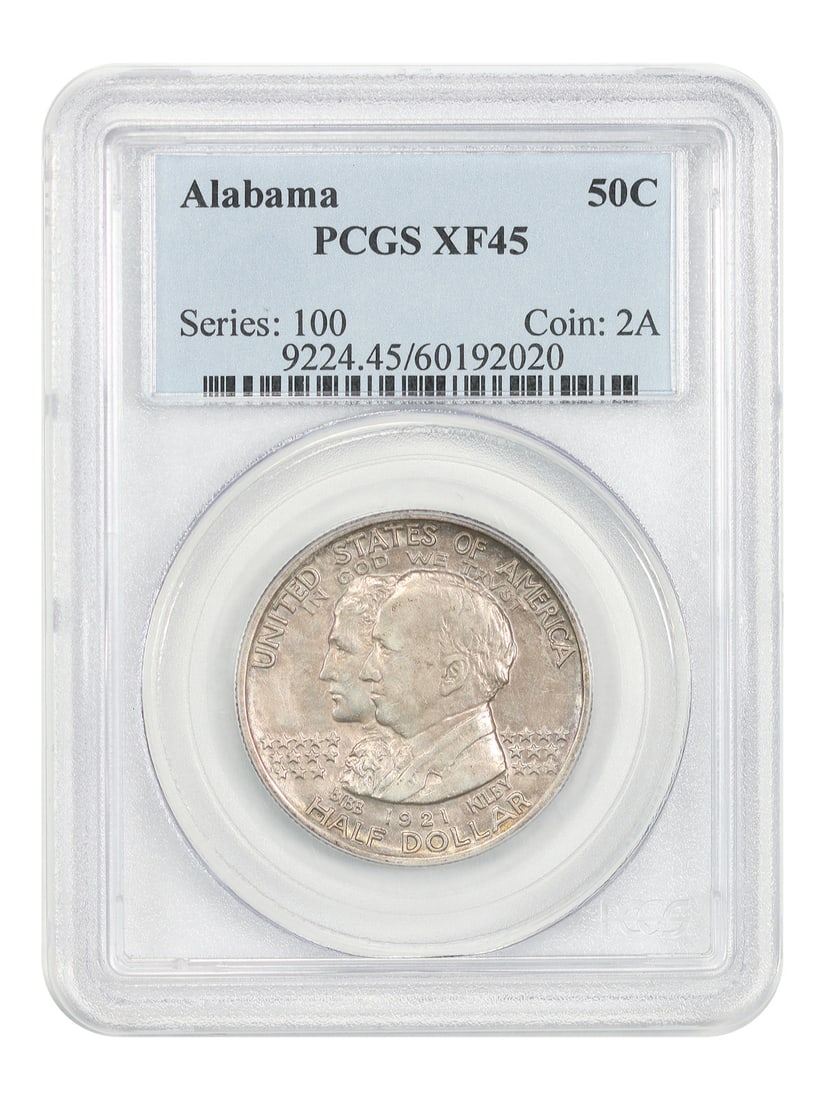 PCGS XF45 1921 Alabama 50C Silver Commemorative Half Dollar: PCGS XF45 1921 Alabama 50C Silver Commemorative Half Dollar 1921 Alabama 50C classic silver commemorative coin, certified by PCGS as XF45. This circulated, pre-owned issue has an original mintage of 4