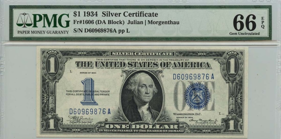 1934 $1 Silver Certificate Blue Seal Fr# 1606 PMG Gem66 EPQ: 1934 $1 Silver Certificate Blue Seal Fr# 1606 PMG Gem66 EPQ This 1934 $1 Silver Certificate features a striking blue seal and is classified under Fr# 1606. Certified by PMG with a grade of Gem 66 EPQ,