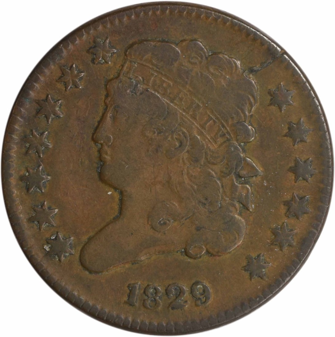 1829 Classic Head Copper Half Cent VF Uncertified: 1829 Classic Head Copper Half Cent VF Uncertified This 1829 Classic Head Half Cent is a circulated coin from the United States, designed by John Reich. Struck in copper at the Philadelphia Mint, it fe