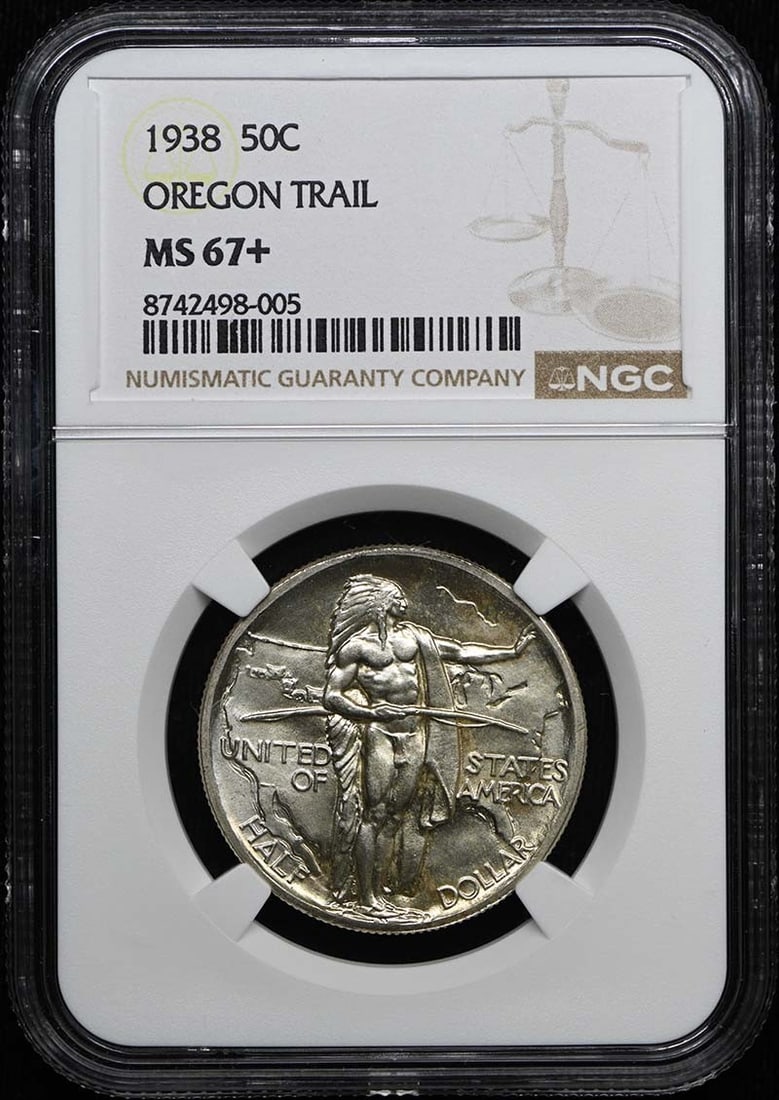 NGC MS67+ 1938 Oregon Trail Memorial Half Dollar Silver Commemorative: NGC MS67+ 1938 Oregon Trail Memorial Half Dollar Silver Commemorative 1938 Oregon Silver Commemorative 50C certified by NGC and graded MS67+. This uncirculated pre-owned coin was struck in Philadelphi