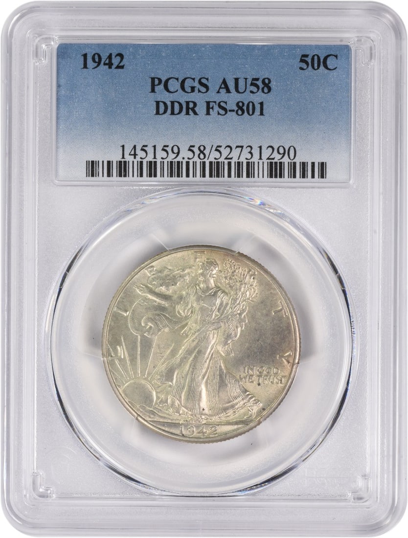 1942 Walking Liberty Silver Half Dollar AU58 PCGS 90% Silver: 1942 Walking Liberty Silver Half Dollar AU58 PCGS 90% Silver This 1942 Walking Liberty Silver Half Dollar is a remarkable piece certified by PCGS with a grade of AU58. Struck at the Philadelphia mint,