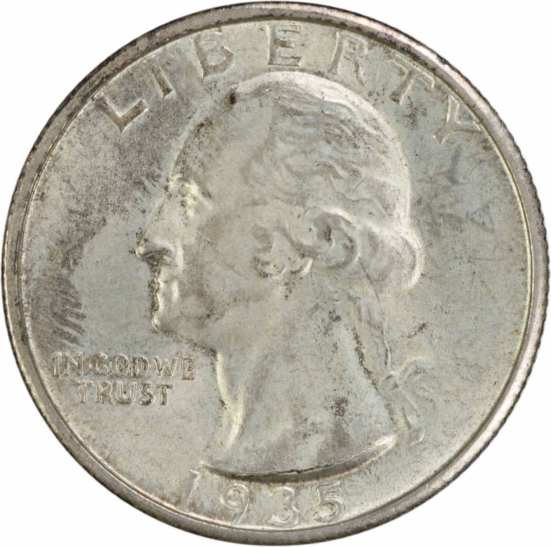 1935-S Washington 25C Silver BU Uncertified Coin: 1935-S Washington 25C Silver BU Uncertified Coin This is a 1935-S Washington Silver Quarter from the United States. The coin is composed of silver, is uncirculated, and is in Brilliant Uncirculated (B