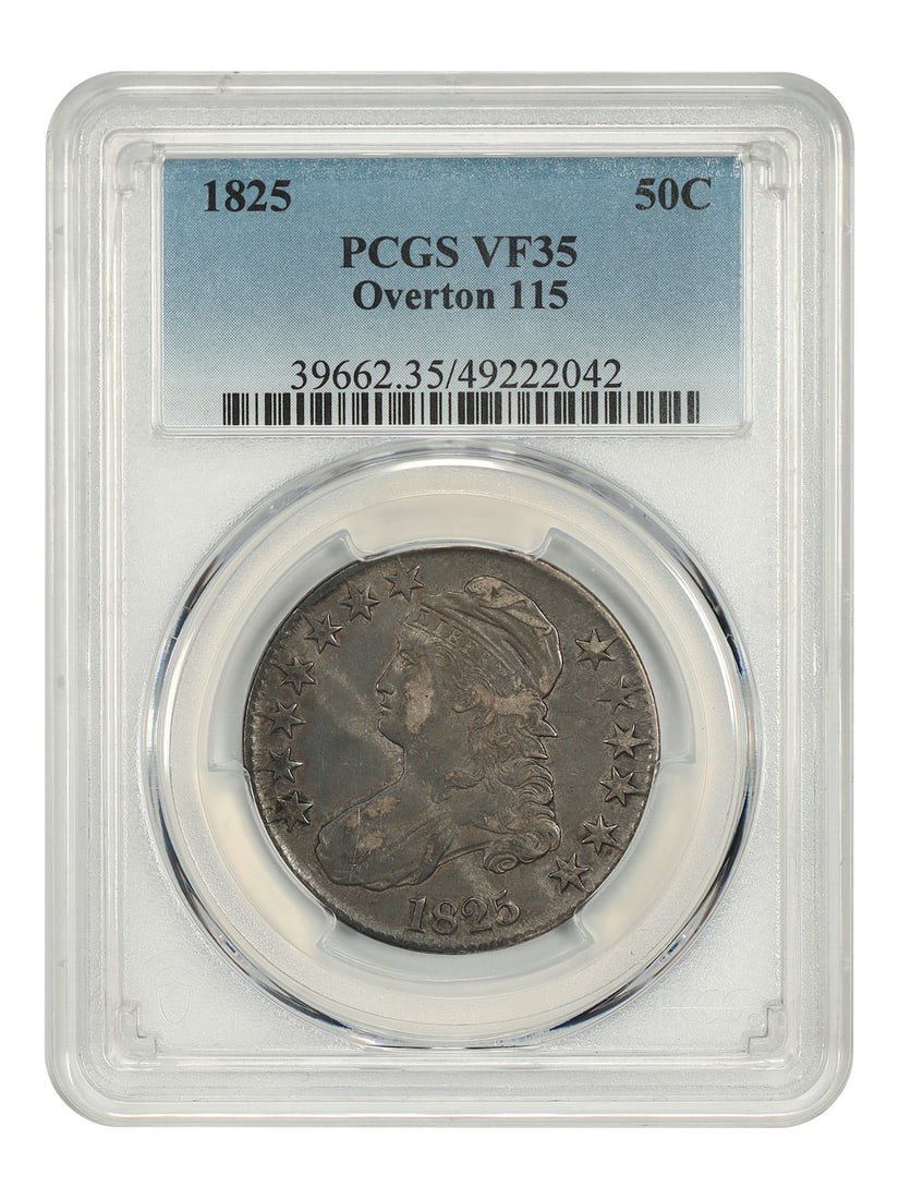 Capped Bust Half Dollar 1825 50C PCGS VF35 O-115: Capped Bust Half Dollar 1825 50C PCGS VF35 O-115 1825 Capped Bust Half Dollar certified by PCGS in VF35. This pre-owned, circulated coin is identified as variety O-115. Specifications Denomination: 50