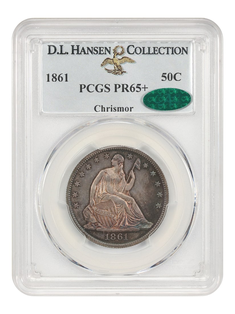1861 Liberty Seated Half Dollar 50C PCGS PR65+ CAC: 1861 Liberty Seated Half Dollar 50C PCGS PR65+ CAC 1861 Liberty Seated Half Dollar, denomination 50C, graded PCGS PR65+ and CAC approved. This proof example is noted as ex: D.L. Hansen/Chrismor and fe