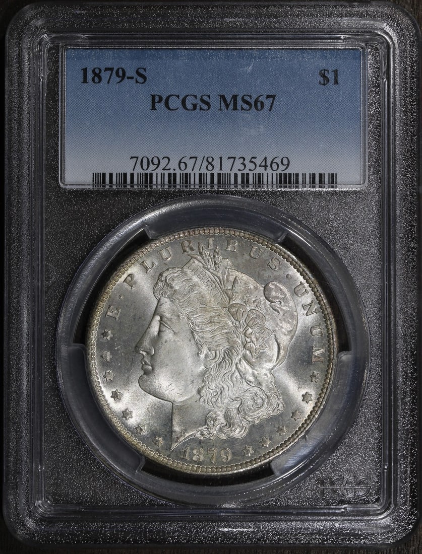 PCGS MS67 1879-S Morgan Silver Dollar $1 Coin: PCGS MS67 1879-S Morgan Silver Dollar $1 Coin 1879-S Morgan Silver Dollar graded MS67 by PCGS. This pre-owned $1 coin is struck in 90% silver and identified as a Superb Gem in the title. Specification