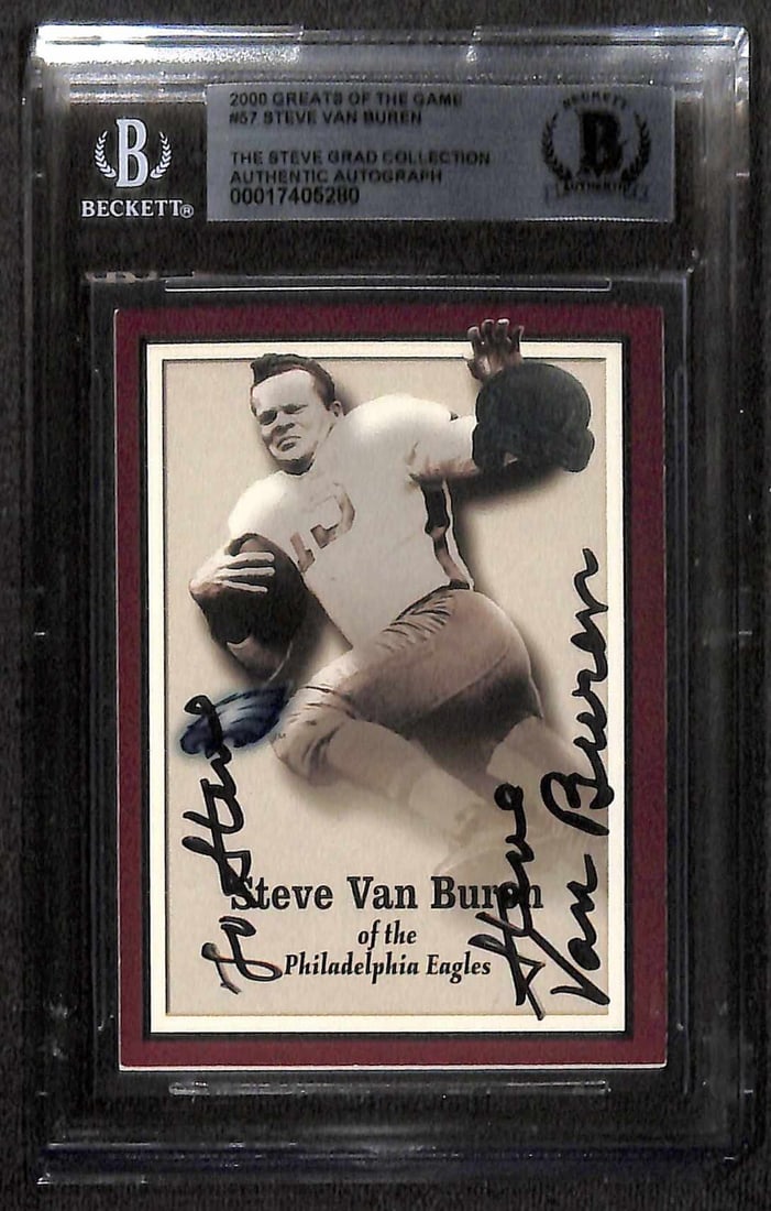 Steve Van Buren Signed 2000 Greats of the Game Card Beckett Authenticated: Steve Van Buren Signed 2000 Greats of the Game Card Beckett Authenticated This is an autographed 2000 Greats of the Game #57 sports trading card featuring the legendary Philadelphia Eagles running bac