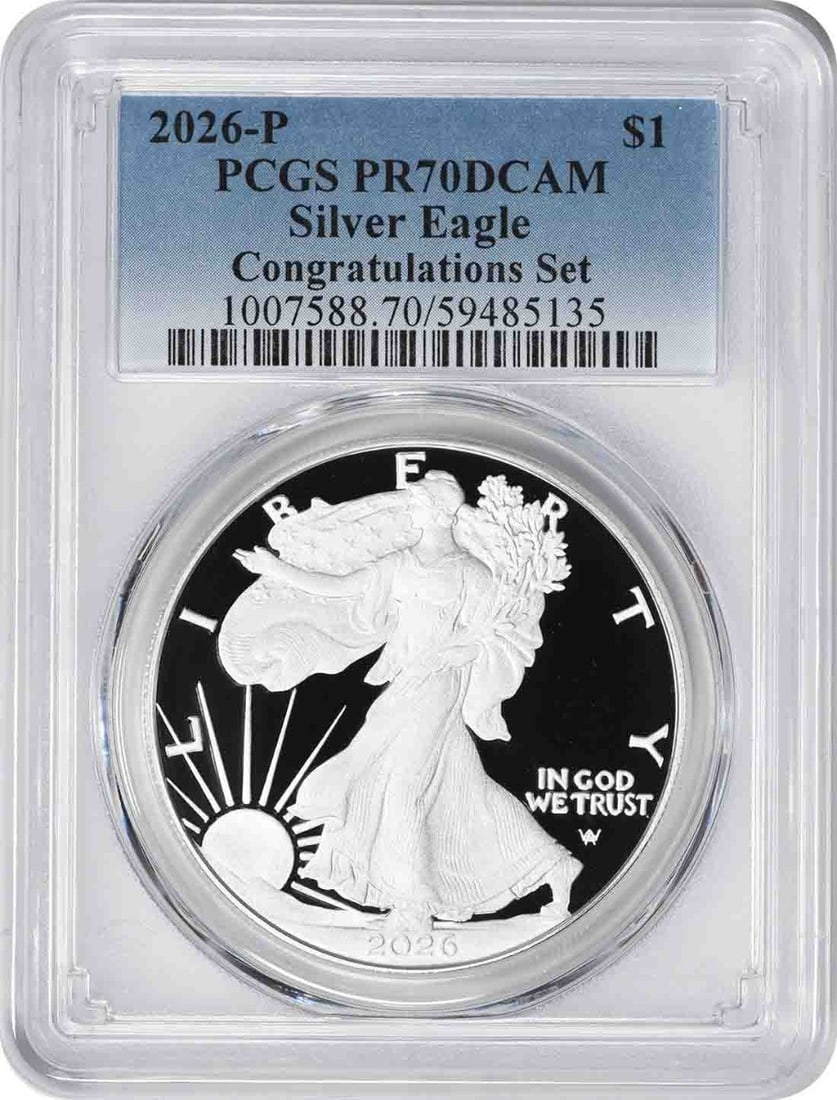 PCGS PR70DCAM 2026 P American Silver Eagle Proof 1 oz Coin: PCGS PR70DCAM 2026 P American Silver Eagle Proof 1 oz Coin 2026-P American Silver Eagle proof coin graded PR70DCAM by PCGS. This pre-owned coin contains 1 oz of .999 fine silver and is part of the Con