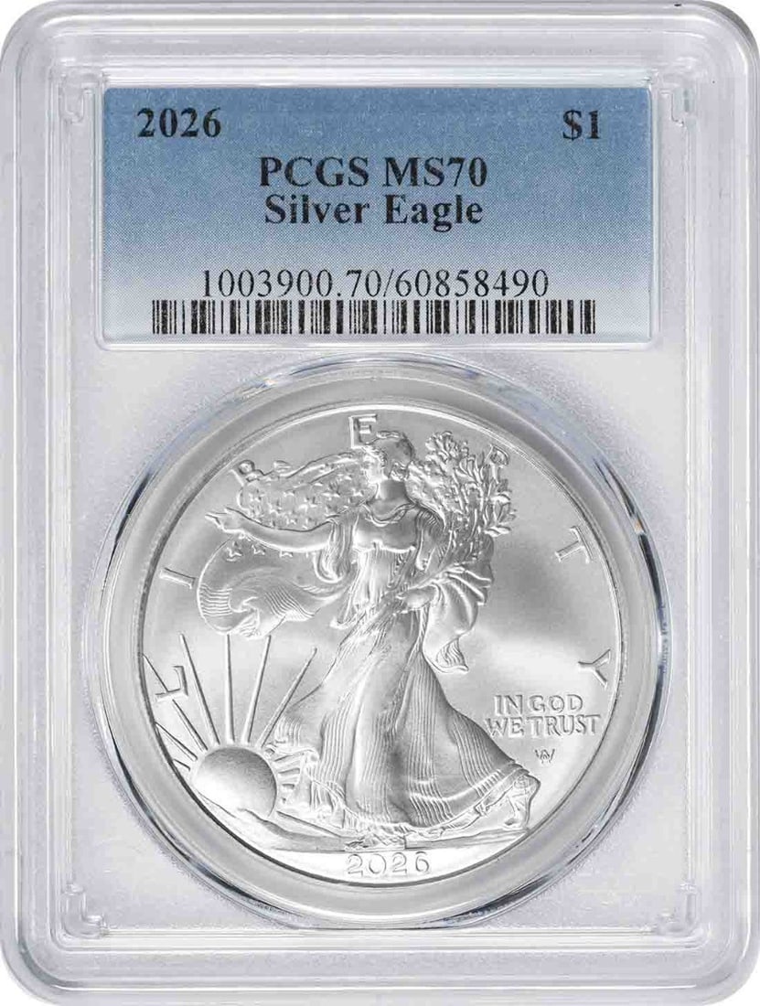 2026 PCGS MS70 American Silver Eagle 1 oz: 2026 PCGS MS70 American Silver Eagle 1 oz This is a 2026 $1 American Silver Eagle coin graded MS70 by PCGS. Struck by the U.S. Mint, it contains 1 ounce of .999 fine silver. The coin is certified by P