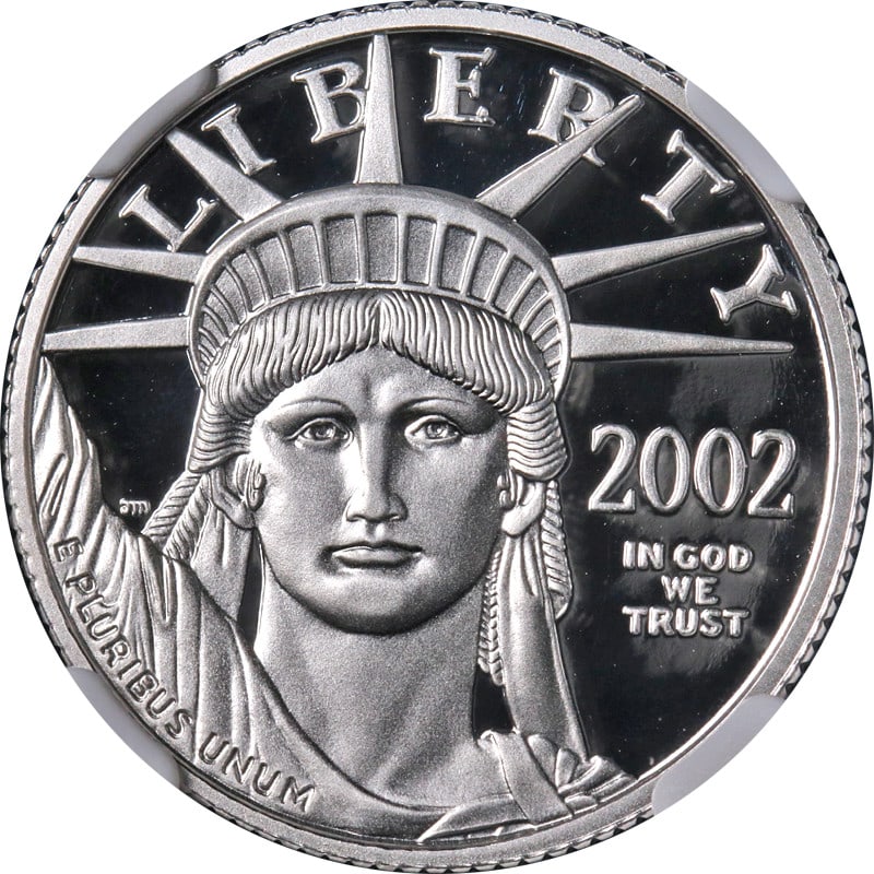 NGC PF70 Ultra Cameo 2002-W $25 Platinum Eagle 1/4 oz Brown Label: NGC PF70 Ultra Cameo 2002-W $25 Platinum Eagle 1/4 oz Brown Label This 2002-W Platinum American Eagle $25 coin is composed of 0.9995 fine platinum and features a proof finish with Ultra Cameo designat