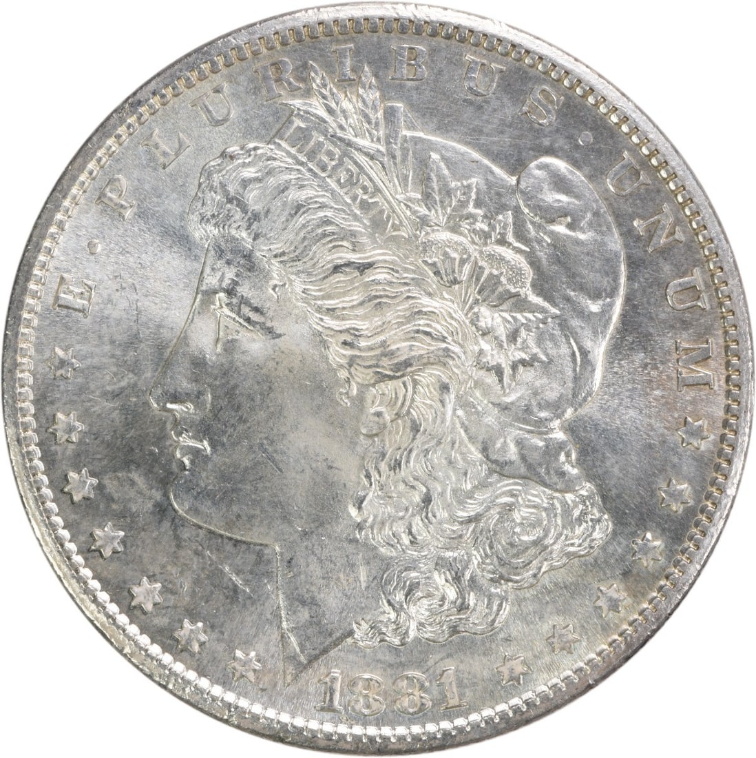 Uncirculated 1881 San Francisco Morgan Silver Dollar BU Grade: Uncirculated 1881 San Francisco Morgan Silver Dollar BU Grade This is an uncirculated 1881-S Morgan Silver Dollar from the United States. The coin is composed of silver and has a Brilliant Uncirculate