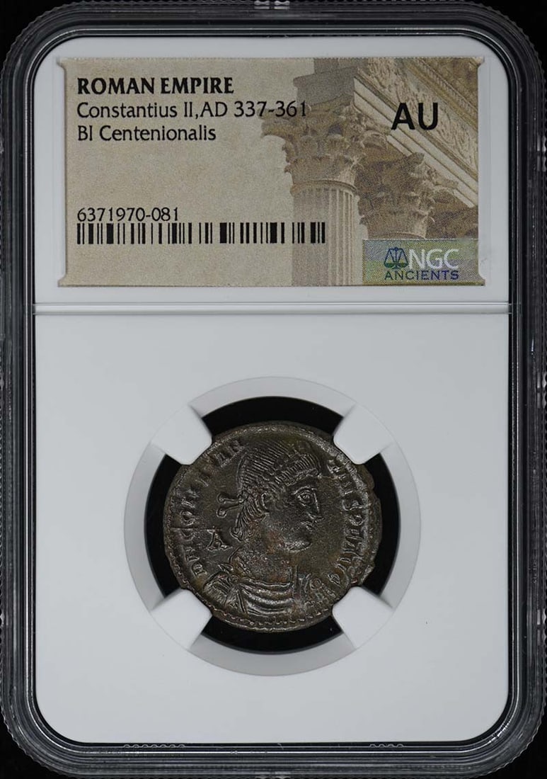 NGC AU Constantius II Roman Empire BI Centenionalis: NGC AU Constantius II Roman Empire BI Centenionalis This is a Roman Empire BI Centenionalis coin from the reign of Constantius II, dating from AD 337-361. The coin has been certified by NGC and graded