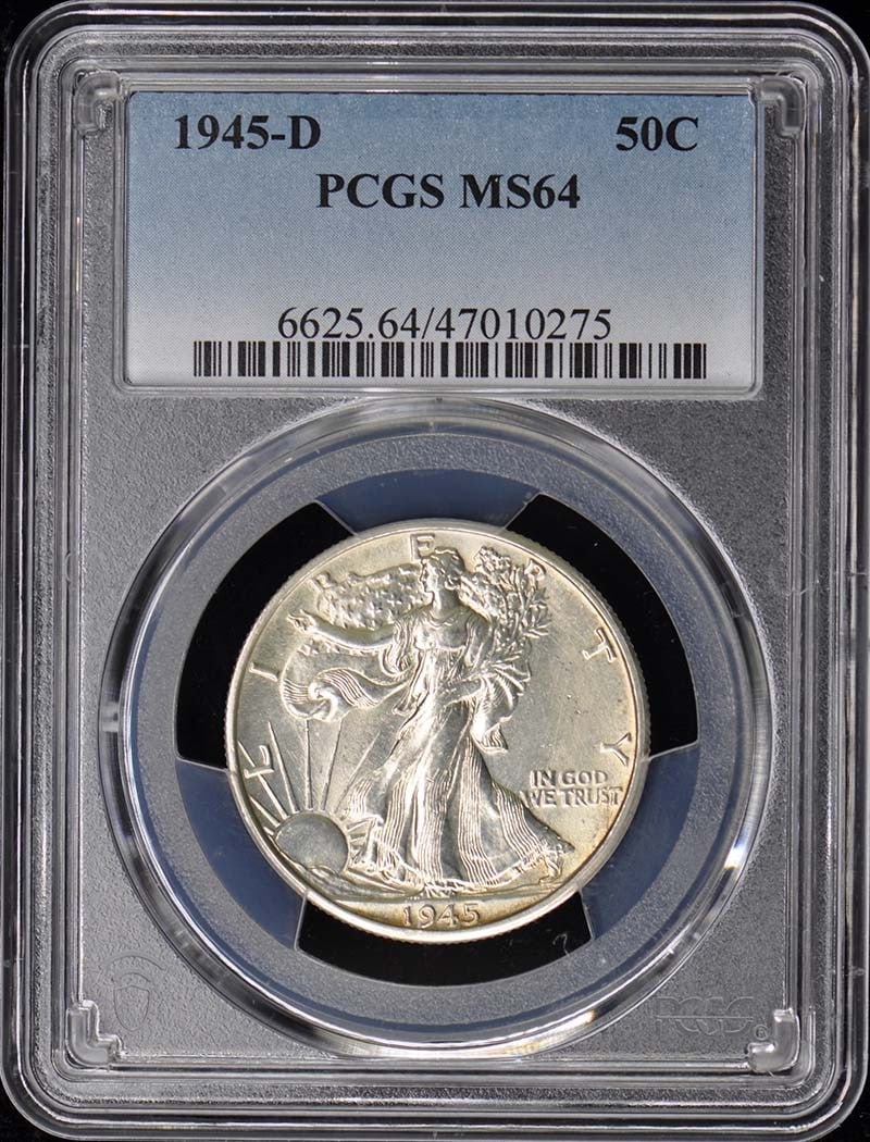 1945-D Walking Liberty Half Dollar PCGS MS64 Uncirculated: 1945-D Walking Liberty Half Dollar PCGS MS64 Uncirculated This 1945-D Walking Liberty Half Dollar is certified by PCGS with a grade of MS64, indicating it is in uncirculated condition. Minted in Denve