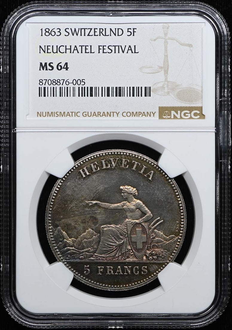 Switzerland Neuchatel Festival 5F 1863 NGC MS64 Martin 506 R-944a: Switzerland Neuchatel Festival 5F 1863 NGC MS64 Martin 506 R-944a 1863 Switzerland Neuchatel Festival 5 Francs coin, certified by NGC and graded MS64. This pre-owned example is listed as uncirculated.