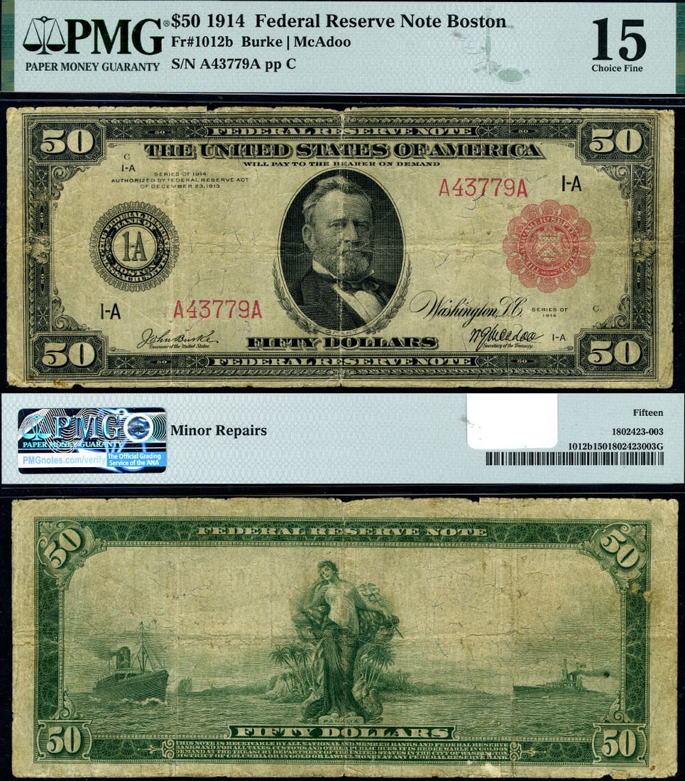 Rare 1914 $50 Federal Reserve Note Boston Red Seal PMG Choice Fine 15: Rare 1914 $50 Federal Reserve Note Boston Red Seal PMG Choice Fine 15 This rare 1914 Federal Reserve Note features a denomination of $50 and is designated as FR. 1012 B. Certified by PMG, it is graded