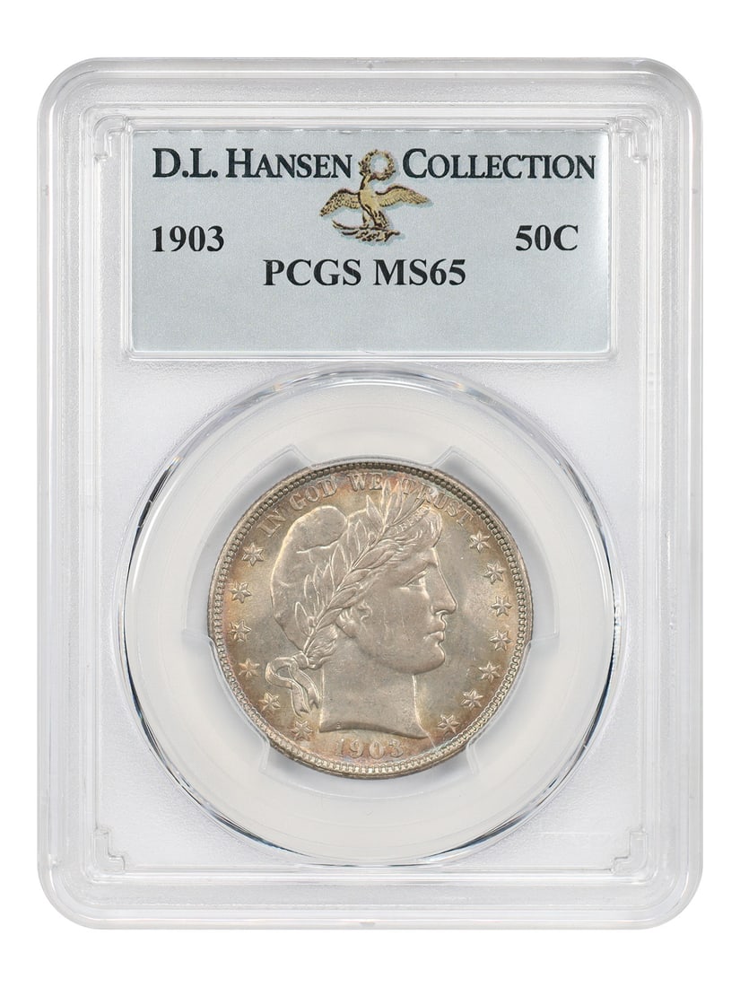PCGS MS65 1903 Barber Half Dollar 50C ex D.L. Hansen: PCGS MS65 1903 Barber Half Dollar 50C ex D.L. Hansen 1903 Barber Half Dollar certified by PCGS as MS65 and noted ex: D.L. Hansen. This uncirculated coin features pleasing, lustrous surfaces with golde
