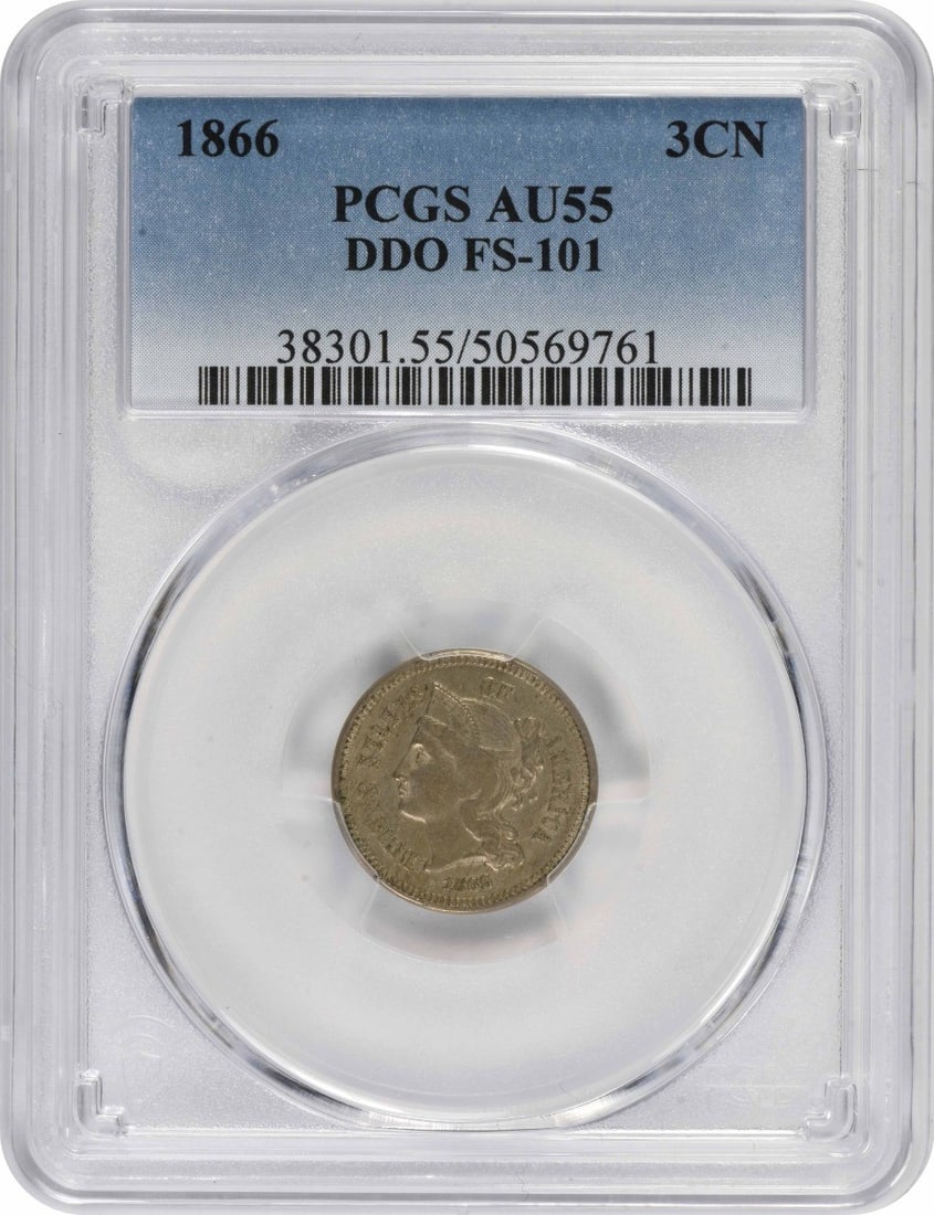 PCGS AU55 1866 Three Cent Nickel DDO FS-101 Philadelphia Coin: PCGS AU55 1866 Three Cent Nickel DDO FS-101 Philadelphia Coin This 1866 Three Cent Nickel coin from the United States features a doubled die obverse (DDO) FS-101 and has been graded AU55 by PCGS. Desi