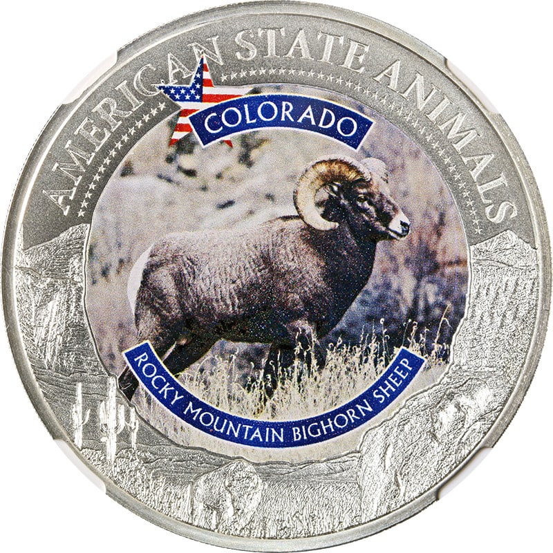 NGC MS70 2021 Cook Islands $5 1oz Silver Rocky Mountain Bighorn Sheep Coin: NGC MS70 2021 Cook Islands $5 1oz Silver Rocky Mountain Bighorn Sheep Coin Original 2021 Cook Islands 1 oz silver $5 coin featuring the AS: Colorado - Rocky Mountain Bighorn Sheep design. This coloriz