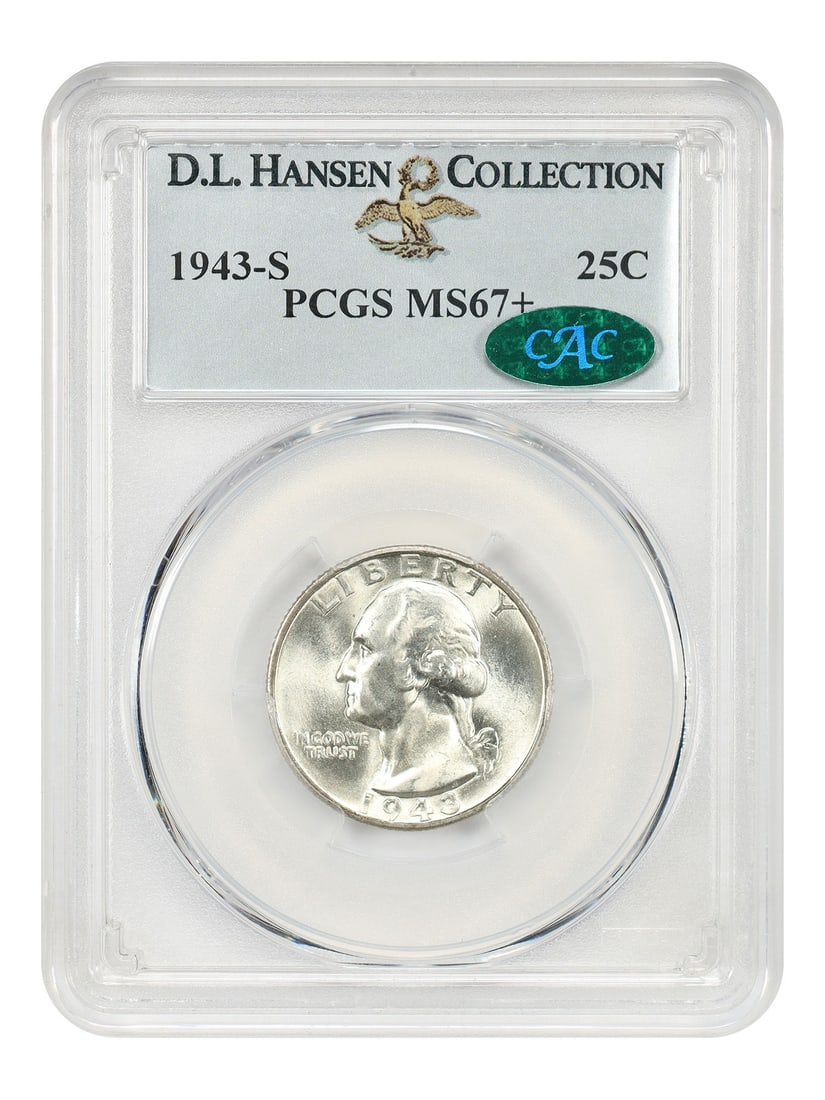 PCGS CAC MS67+ 1943-S Washington Quarter 25C Uncirculated: PCGS CAC MS67+ 1943-S Washington Quarter 25C Uncirculated 1943-S Washington Quarter certified by PCGS and CAC in MS67+ grade. This uncirculated example is noted as ex: D.L. Hansen. The coin features v