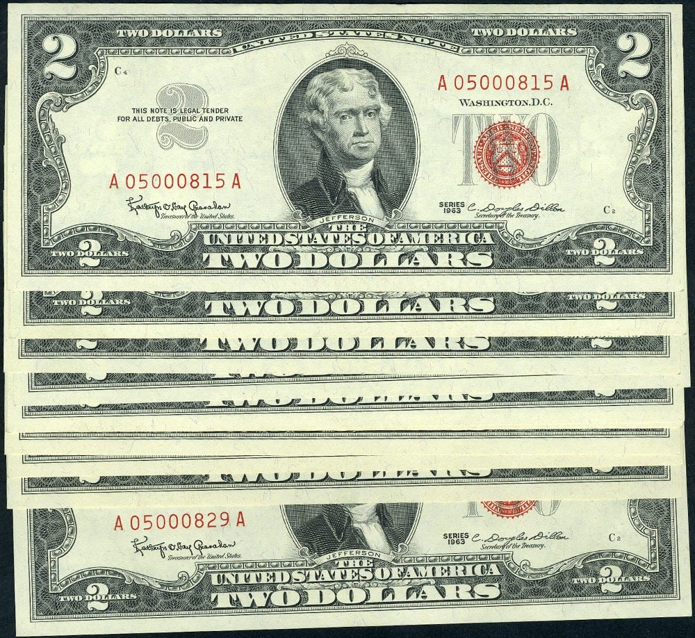 15 consecutive 1963 $2 Legal Tender notes FR 1513 A-A block Gem CU (1 of 2)