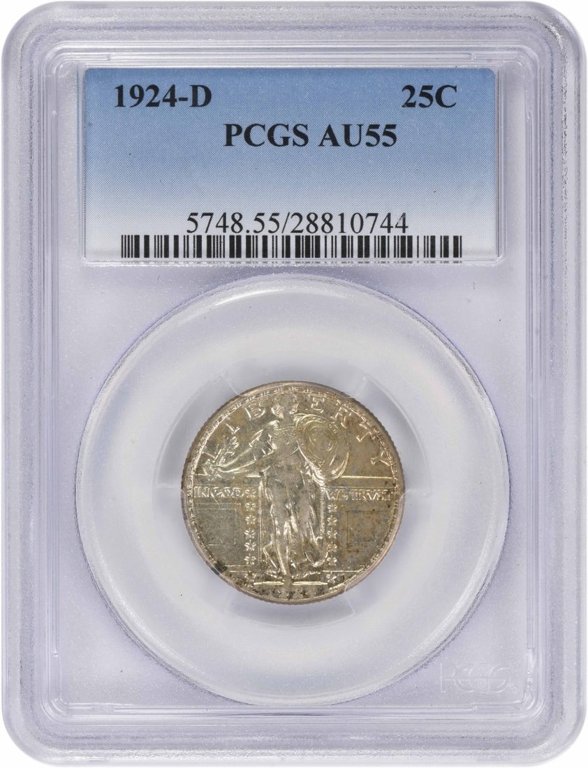 PCGS AU55 1924 D Standing Liberty 25C Silver Quarter: PCGS AU55 1924 D Standing Liberty 25C Silver Quarter A 1924-D Standing Liberty Silver Quarter graded AU55 by PCGS. This United States coin is composed of silver and has a denomination of 25C. It is li