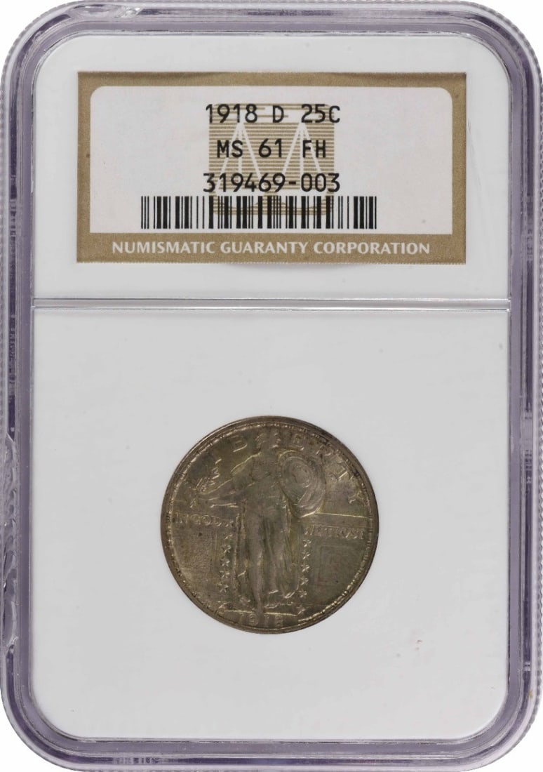 NGC MS61FH 1918 D Standing Liberty 25C Silver Quarter: NGC MS61FH 1918 D Standing Liberty 25C Silver Quarter 1918-D Standing Liberty quarter certified by NGC and graded MS61. This silver 25-cent coin is an uncirculated example from the United States. The 