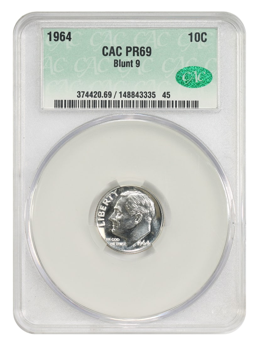 Roosevelt Dime 1964 10C CACG PR69 Blunt 9: Roosevelt Dime 1964 10C CACG PR69 Blunt 9 Certified 1964 Roosevelt dime with the Blunt 9 variety. This uncirculated example is graded PR69 by CACG. The Blunt 9 is notably more tough than its pointed 9