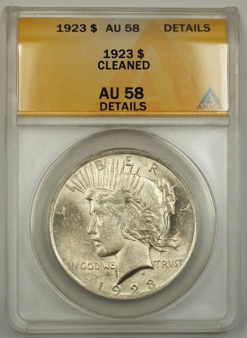 1923 Peace Dollar AU-58 ANACS Certified Silver Philadelphia Cleaned: 1923 Peace Dollar AU-58 ANACS Certified Silver Philadelphia Cleaned The 1923 Peace Silver Dollar is a circulated coin minted in Philadelphia and graded AU-58 Details (Cleaned) by ANACS. Made of silver
