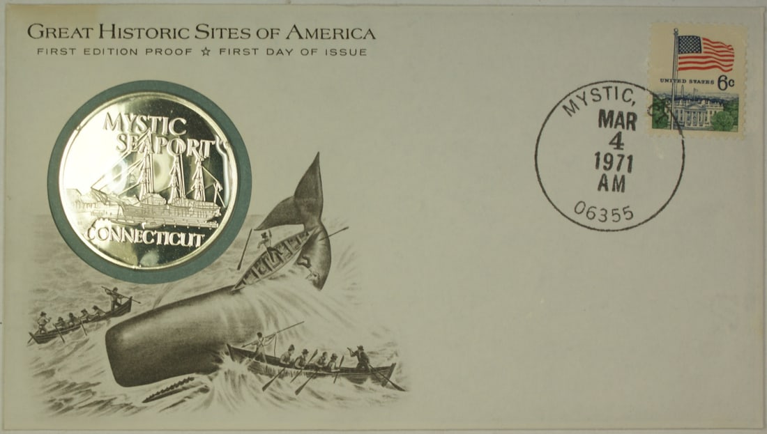 Connecticut Great Historic Sites 1971 Silver Medal Proof in First Day Cover: Connecticut Great Historic Sites 1971 Silver Medal Proof in First Day Cover This 1971 Mystic Seaport Connecticut Great Historic Sites medal is a proof-quality piece struck in sterling silver (.925 fin