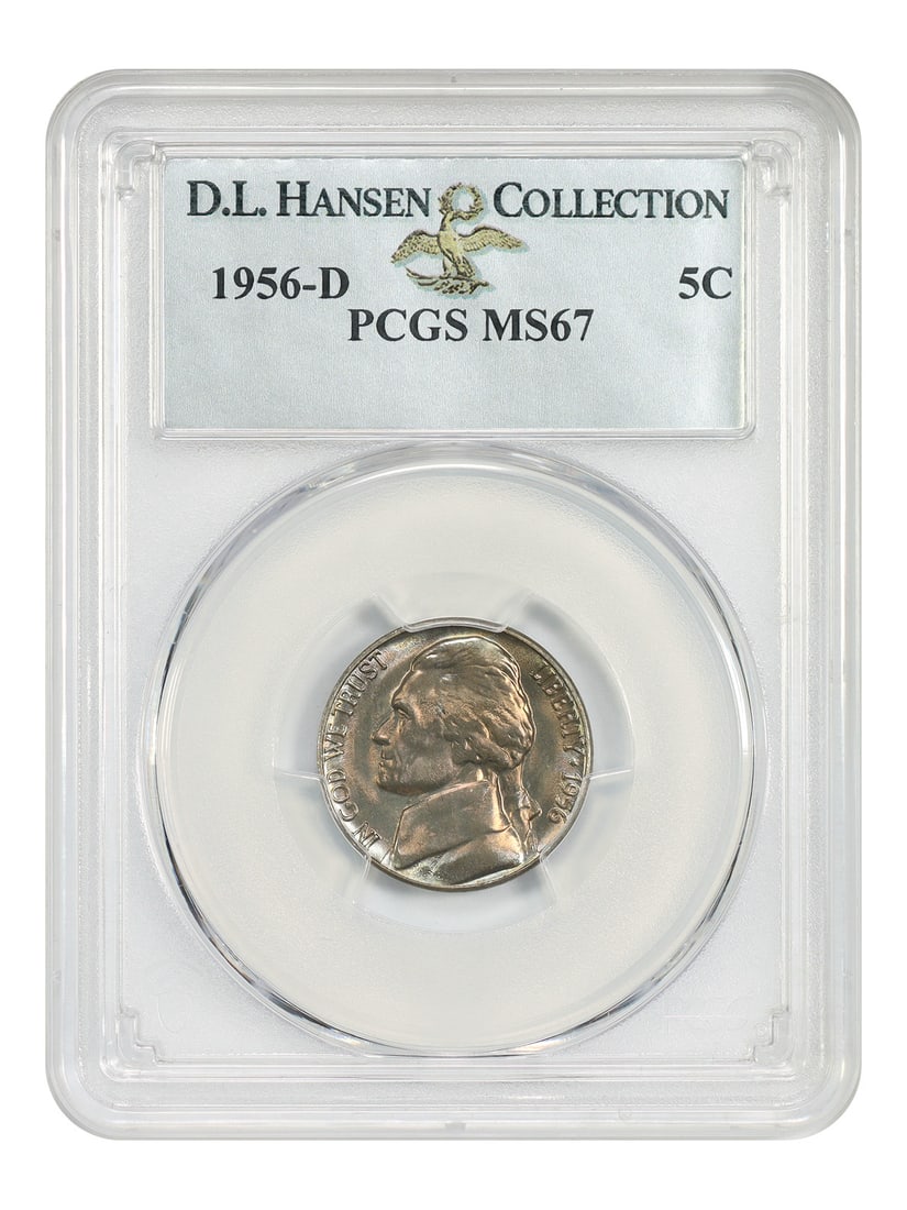 PCGS MS67 1956-D Jefferson Nickel ex D.L. Hansen: PCGS MS67 1956-D Jefferson Nickel ex D.L. Hansen 1956-D Jefferson Nickel certified by PCGS in MS67 grade. This uncirculated example is noted for dynamic luster with deep golden-orange toning, accented