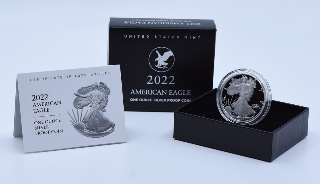 2022-S American Proof Silver Eagle 1 oz U.S. Mint Coin: 2022-S American Proof Silver Eagle 1 oz U.S. Mint Coin This 2022-S American Proof Silver Eagle is a stunning coin featuring a design by Adolph A. Weinman and Emily S. Damstra. It is made of 99.93% sil