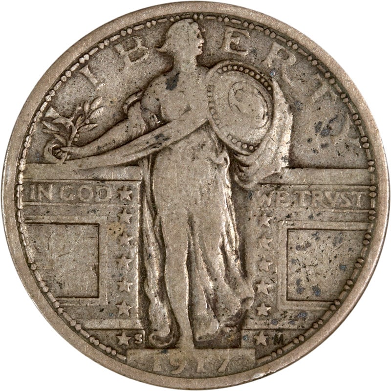 San Francisco Mint 1917 Type 1 Standing Liberty Silver Quarter: San Francisco Mint 1917 Type 1 Standing Liberty Silver Quarter This is a 1917-S Type 1 Standing Liberty Quarter from the San Francisco Mint. The coin is composed of silver and is in circulated, pre-ow